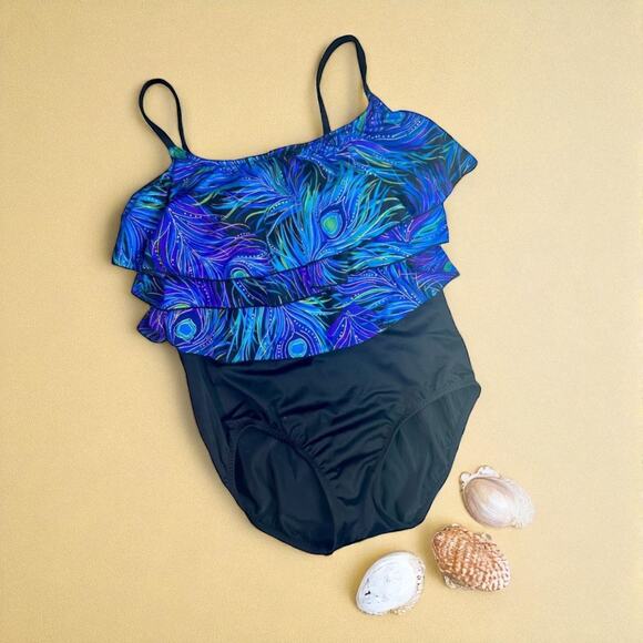 Robby Len Women's 16 One Piece Peacock Print & Gold Ruffled One Piece Swimsuit - Picture 1 of 8